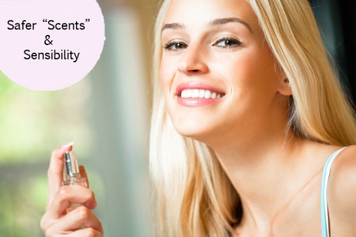 Young happy smiling woman with perfum bottle