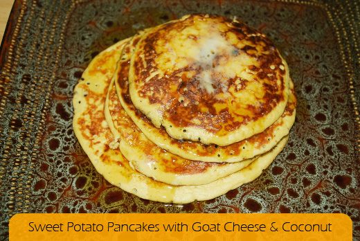 Sweet Potato Pancakes with Goat Cheese and Coconut