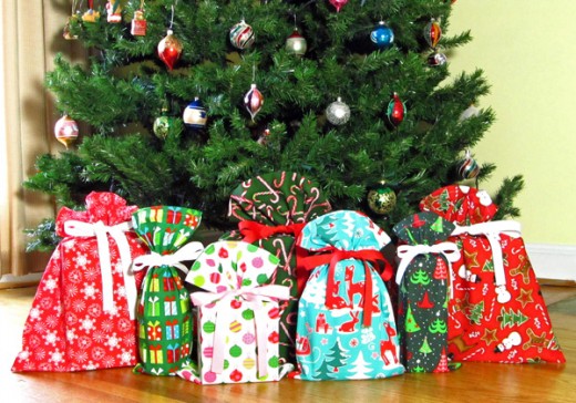 fabric gift bags under tree